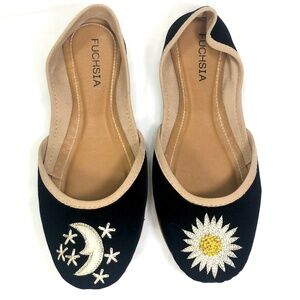 Fuchsia Sun Moon Flats Black Embroidered Velvet Slipper Soft Vegan Suede Slip On